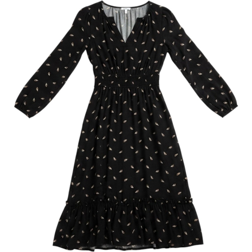Maurices Black Leaf Print Smocked Waist Ruffle Hem Midi Dress XS Fall Witchy